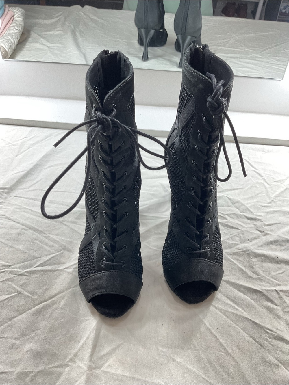 Black Lace-Up Peep-Toe Heeled Dance Boots Indoor Studio Latin Salsa Jazz Shoes